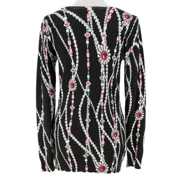 Cache Sweater Womens Medium Black Pink Low Cut Out Jewelry Print Pullover - Picture 2 of 11